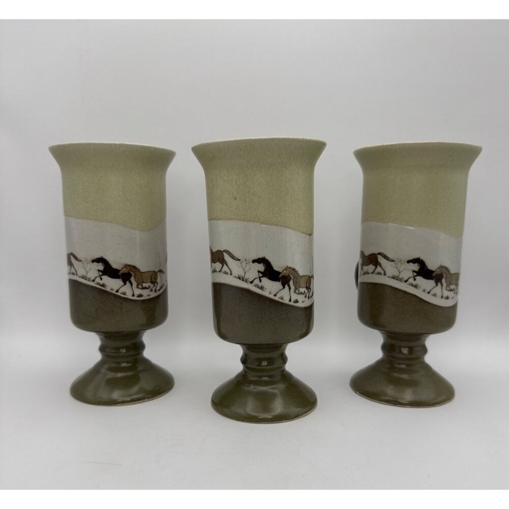 Vtg Otagiri Stoneware Irish Coffee 3 Mugs Pedestal Running Horses Japan 5.5 in T - Picture 4 of 9